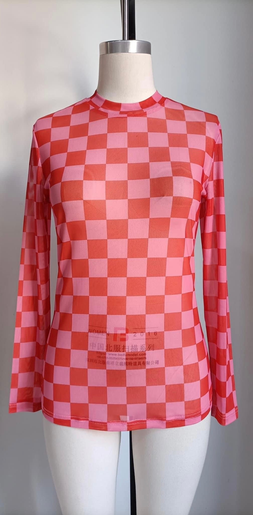 Red and Pink Check Mesh Tee