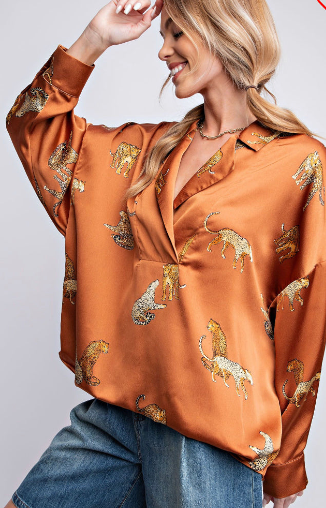 Chasing Leopard Satin Blouse