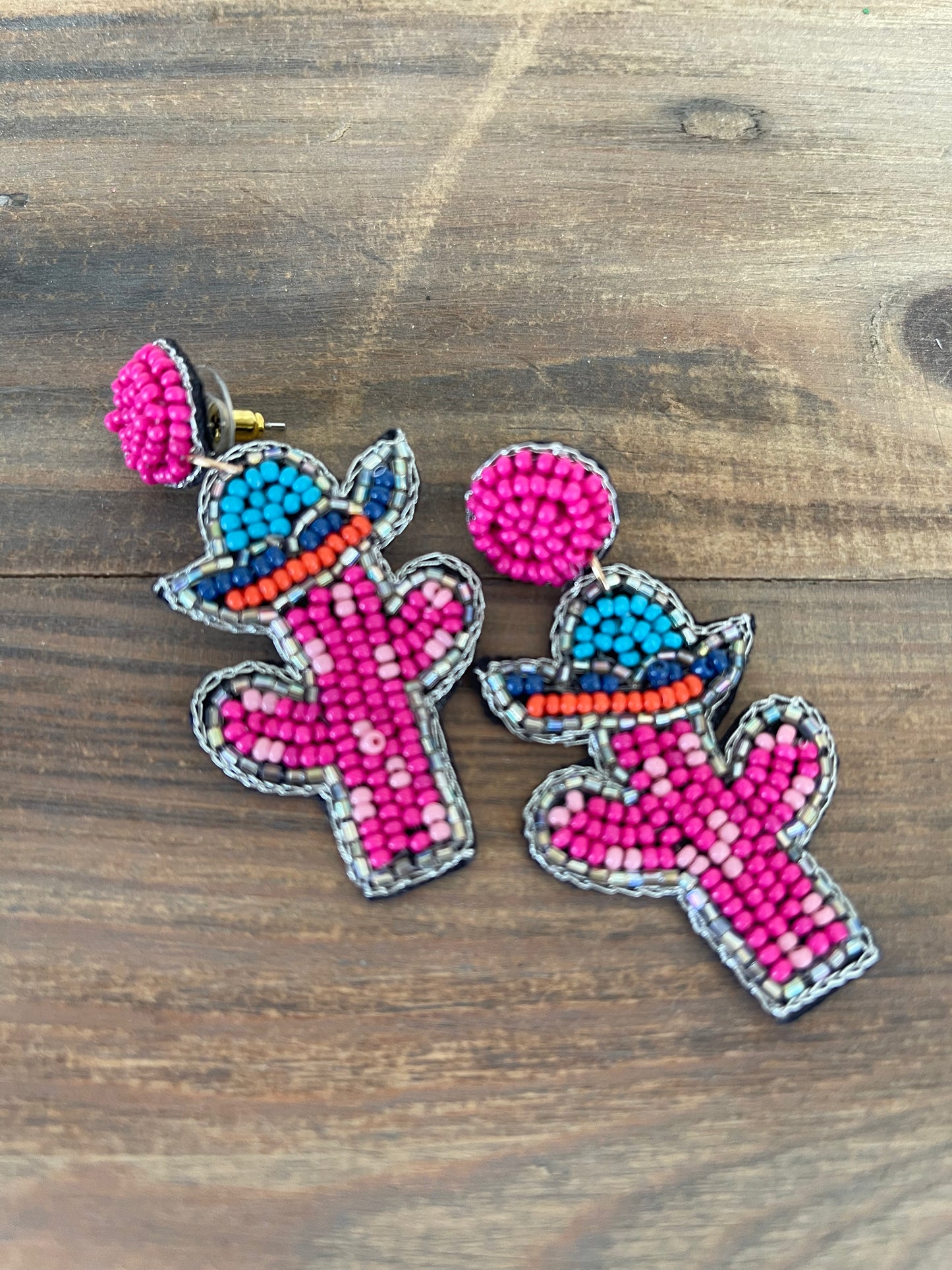 Pink and Green Beaded Cactus Earrings