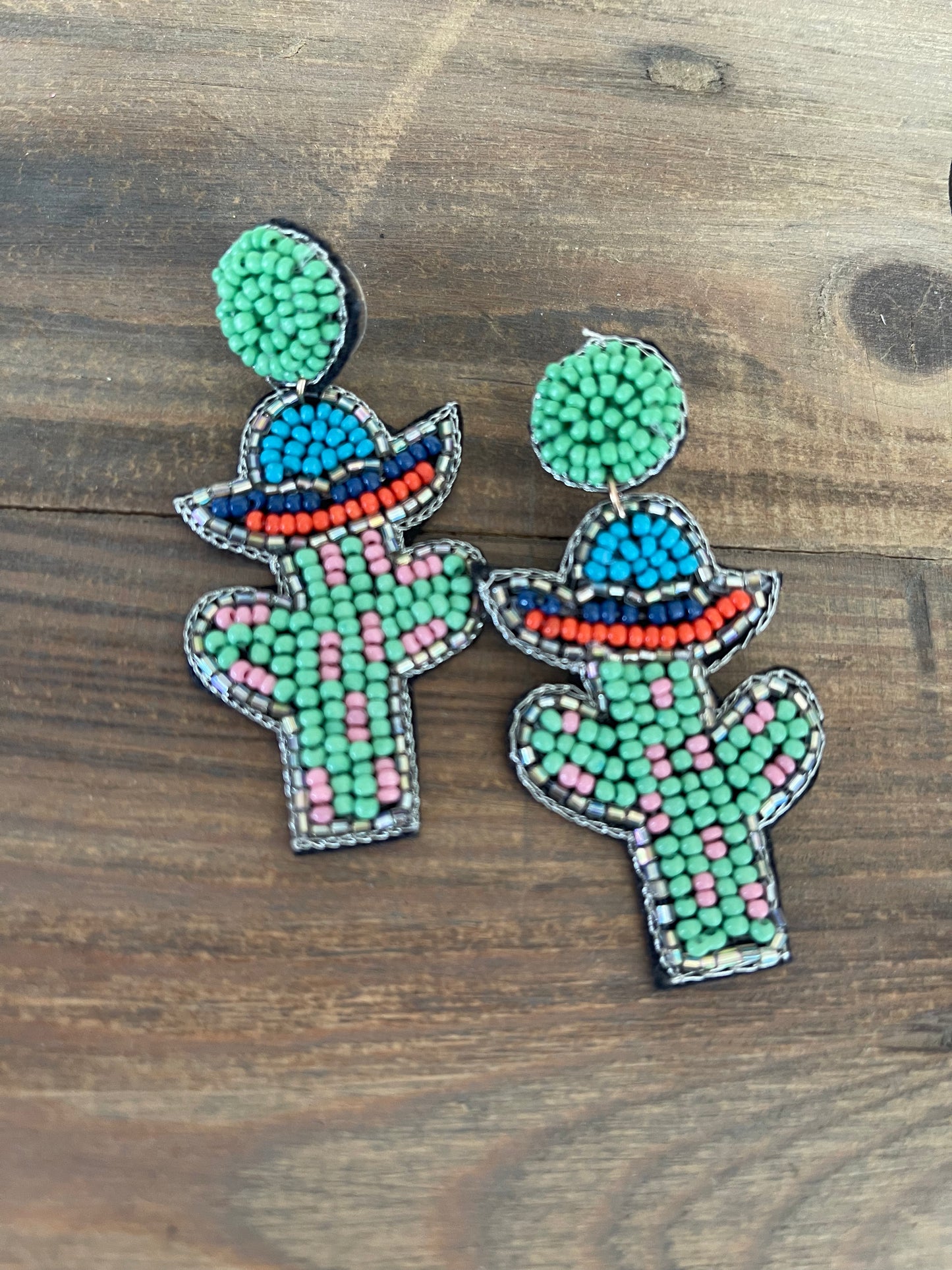 Pink and Green Beaded Cactus Earrings