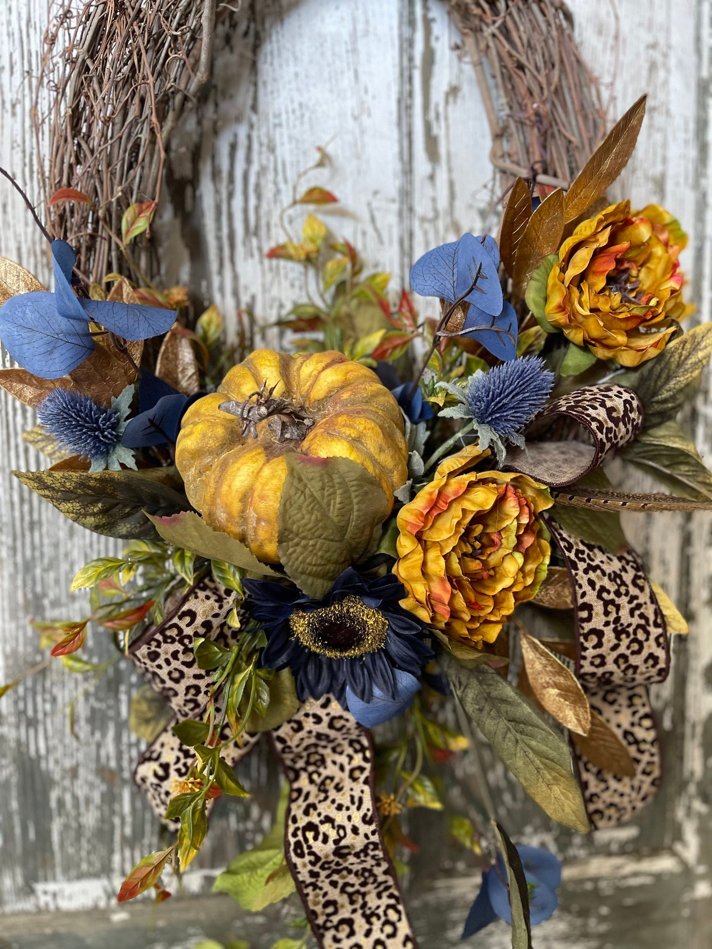 Fall Floral Wreath, Fall Grapevine Wreath, Blue FallWreath, , Leopard Rustic Pumpkin Wreath, Birthday Gift Wreath, Wedding Shower Decor