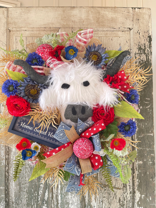 Patriotic Highland Cow Wreath, Summer Wreath, Patriotic Farm Cowboy Wreath, Red Poppy Wreath, Summer Wreath, Fourth of July Wreath