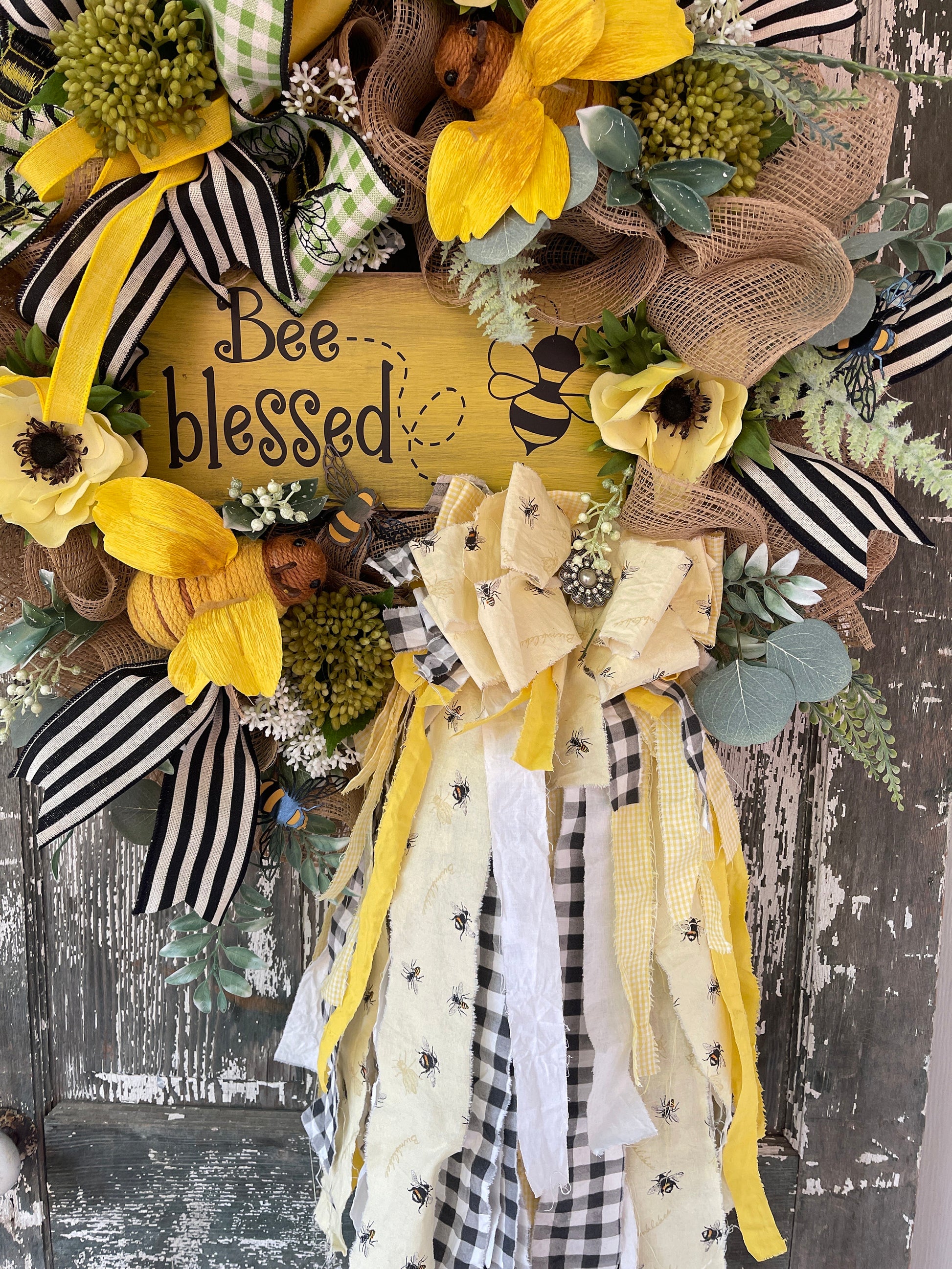 Bee Blessed Wreath, Rag Bow Wreath, Everyday Wreath, Wedding Decor, Summer Country Wreath, Rag Bow, Wreath, Bumble Bee Wreath