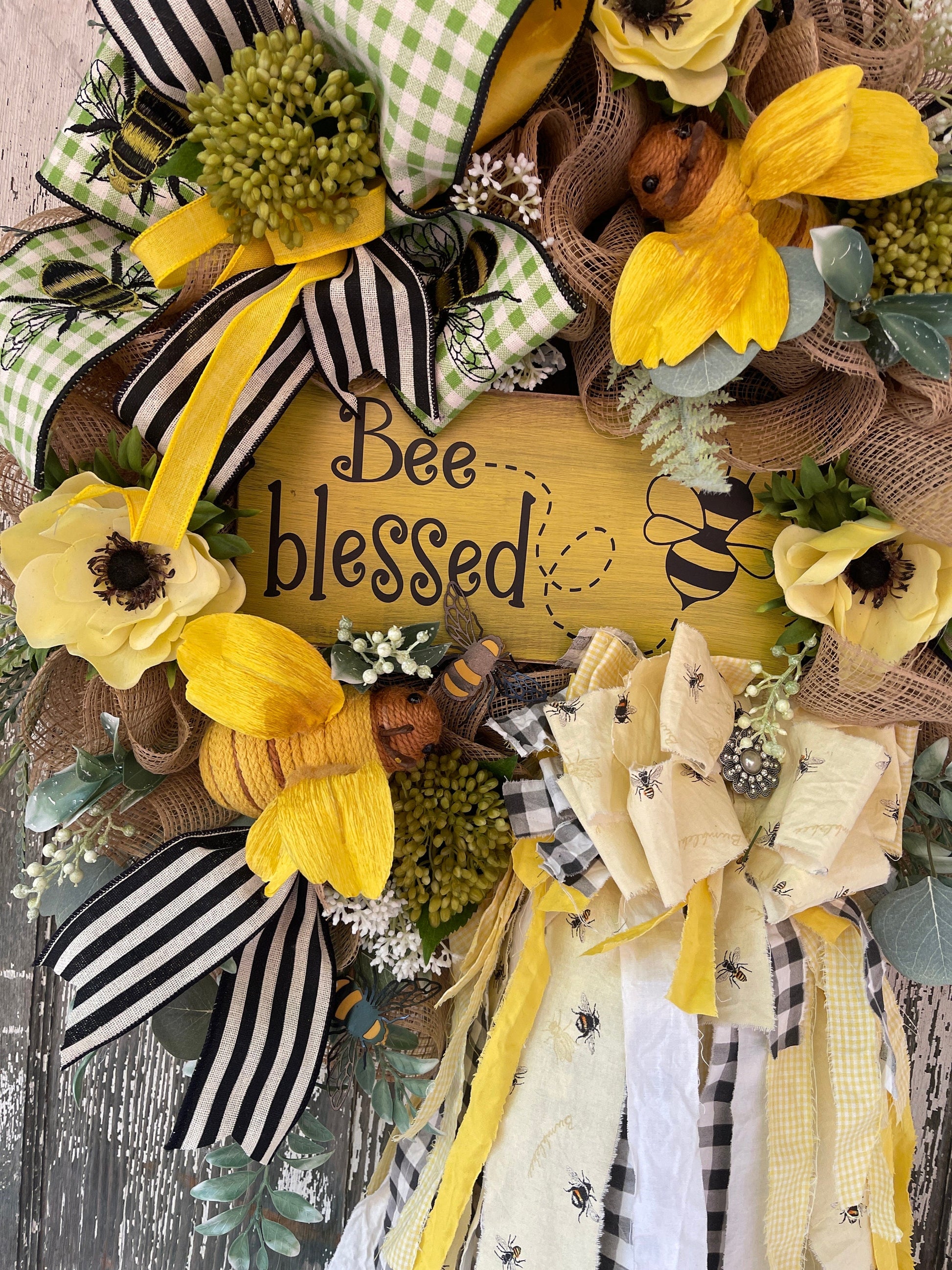 Bee Blessed Wreath, Rag Bow Wreath, Everyday Wreath, Wedding Decor, Summer Country Wreath, Rag Bow, Wreath, Bumble Bee Wreath