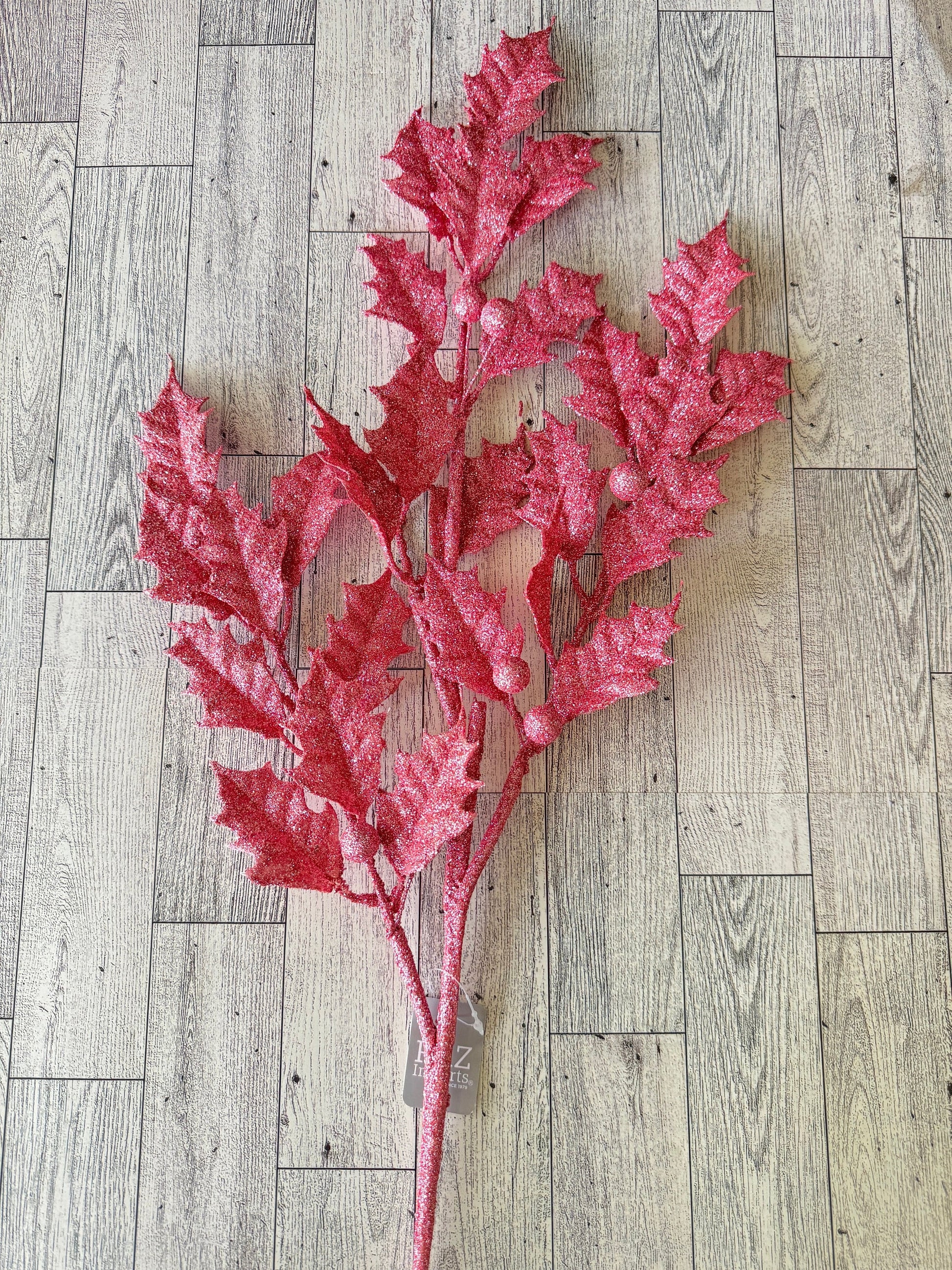 Pink Glittered Holly Poinsettia Leaf Spray, Floral Supplies, Christmas Tree Picks, Wreath Embellishments, Christmas Craft Supply