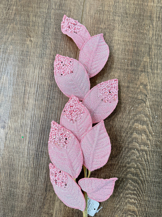 Pink Beaded Tip Leaf Spray, Floral Supplies, Christmas Tree Picks, Wreath Embellishments, Christmas Craft Supply