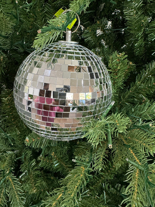 Large Silver Mirrored Disco Ball Ornament, Wreath Embellishment, Christmas Tree Decor, 70s Theme Decor, wreath supplies, Tiered Tray Decor