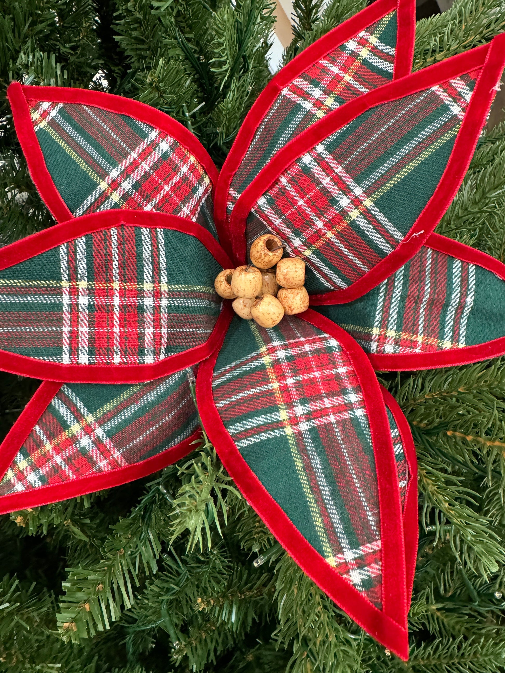 Red Green Plaid Highlands Poinsettia, Greenery, Floral Supplies, Wreath Christmas Tree Picks, Christmas Decor, Highlands Aesthetic