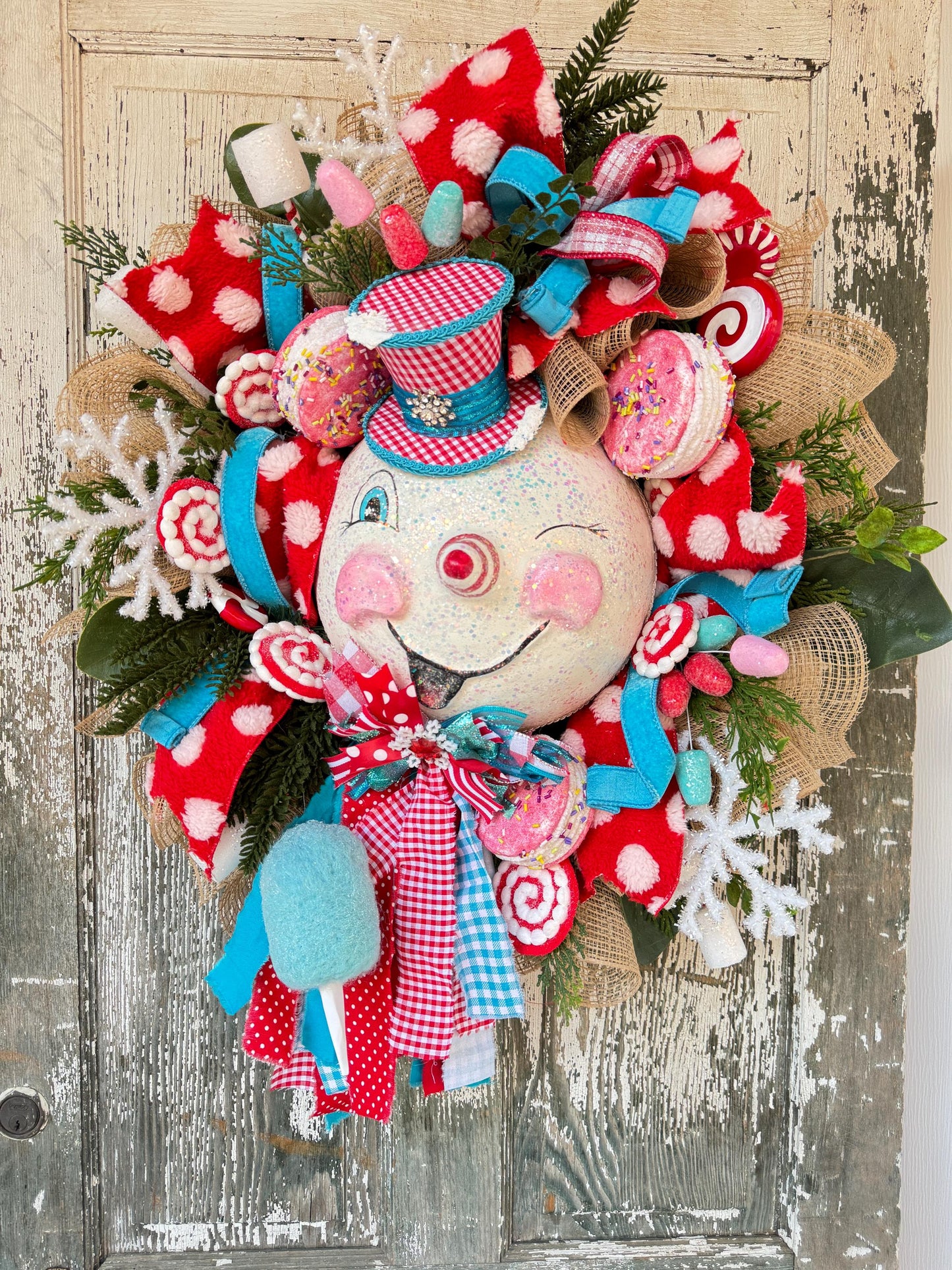 Retro Snowman Wreath, Vintage Snowman Wreath, Christmas Wreath, Winter, Decor, Teal and Red Christmas, North Pole