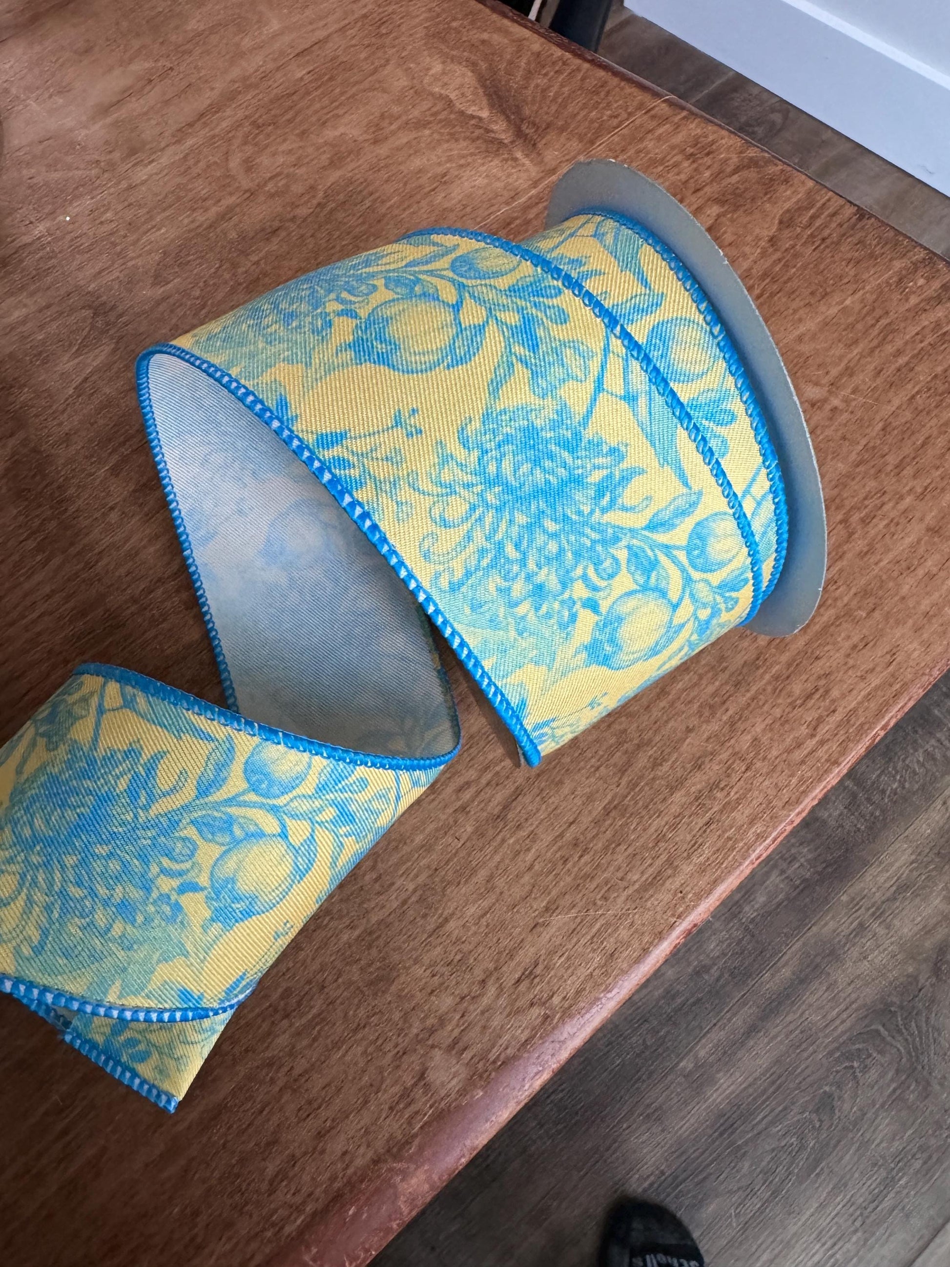 2.5 inch Ribbon, Blue Yellow Floral Ribbon, Sping Garden Floral Ribbon, Grandma Core Ribbon, Easter Ribbon