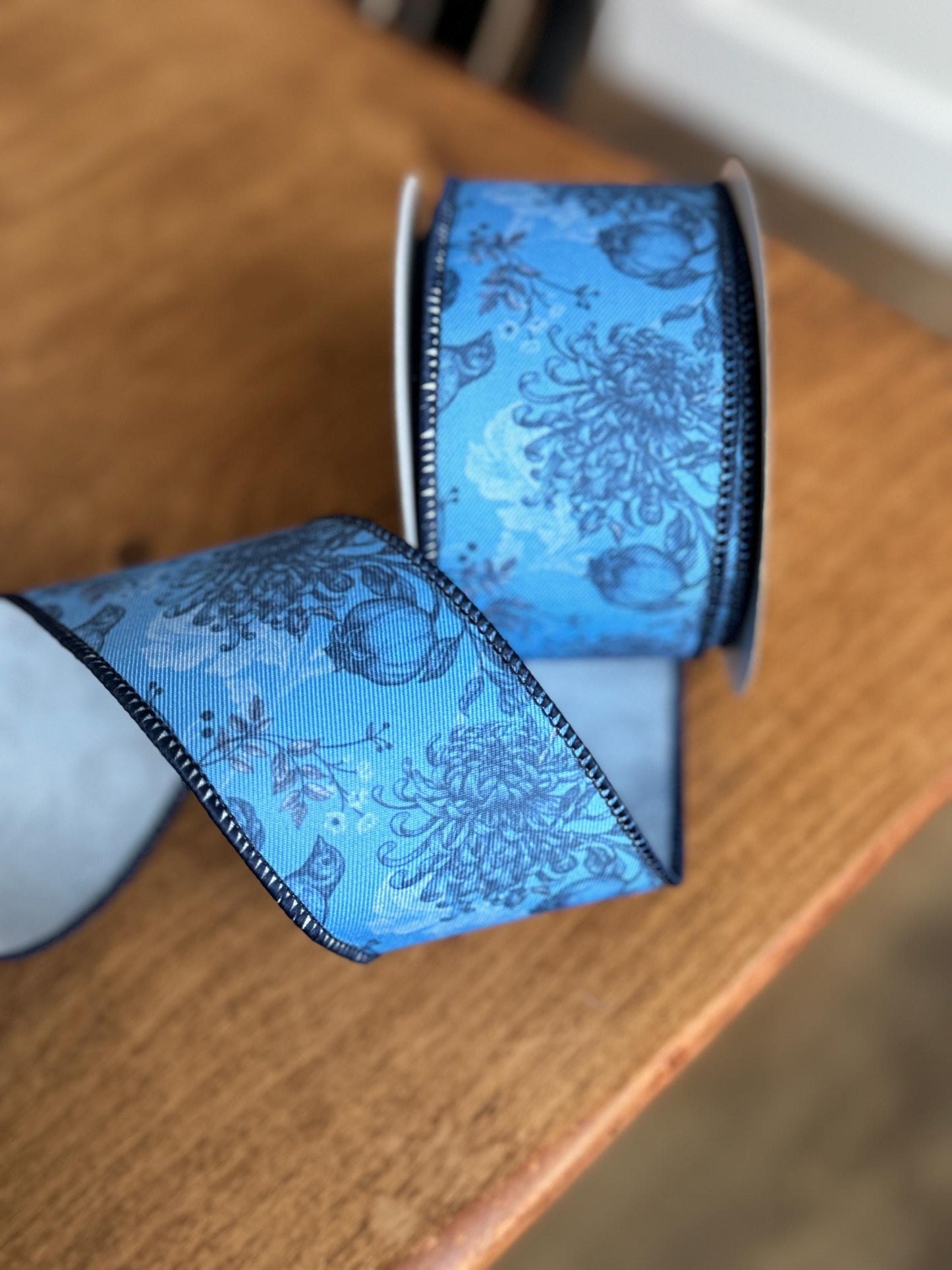 2.5 inch Ribbon, Blue Floral Bird Ribbon, Sping Garden Floral Ribbon, Grandma Core Ribbon, Easter Ribbon