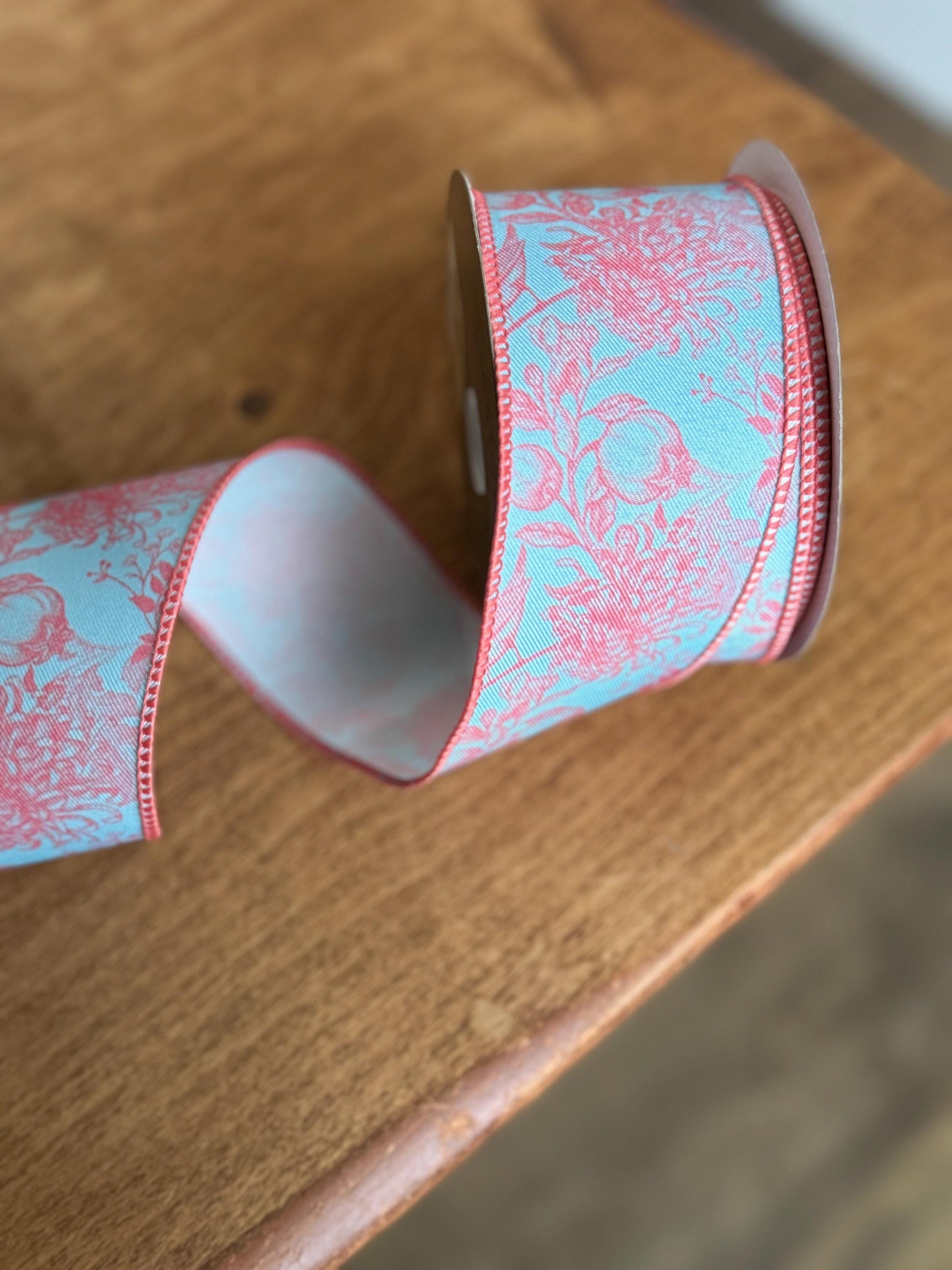 2.5 inch Ribbon, Blue Pink Floral Bird Ribbon, Sping Garden Floral Ribbon, Grandma Core Ribbon, Easter Ribbon