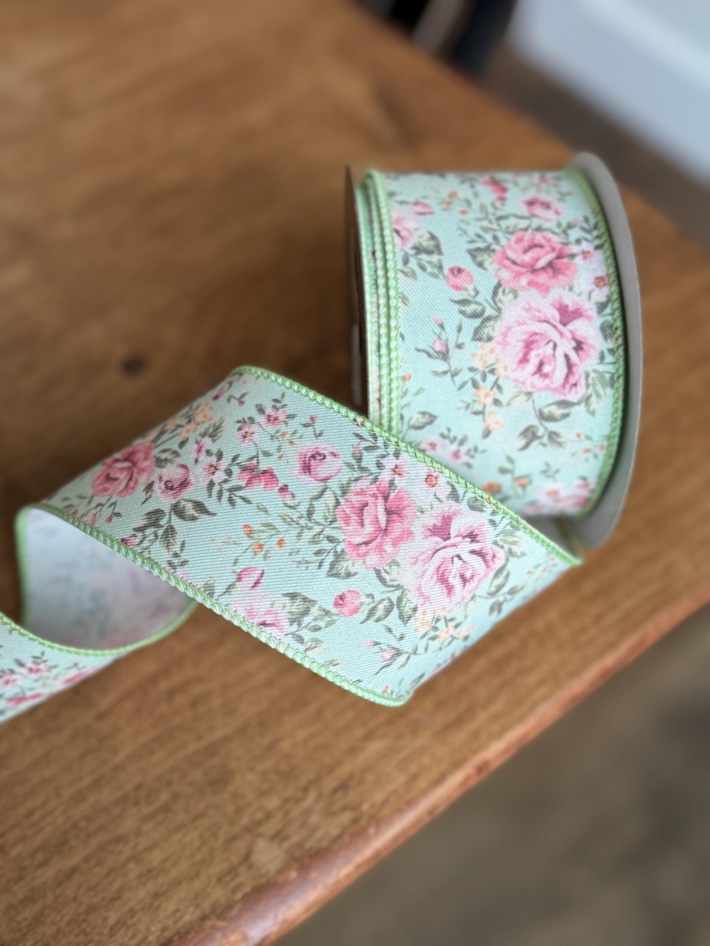 2.5 inch Ribbon, Mint Green Pink Floral Rose Ribbon, Sping Garden Floral Ribbon, Grandma Core Ribbon, Easter Ribbon