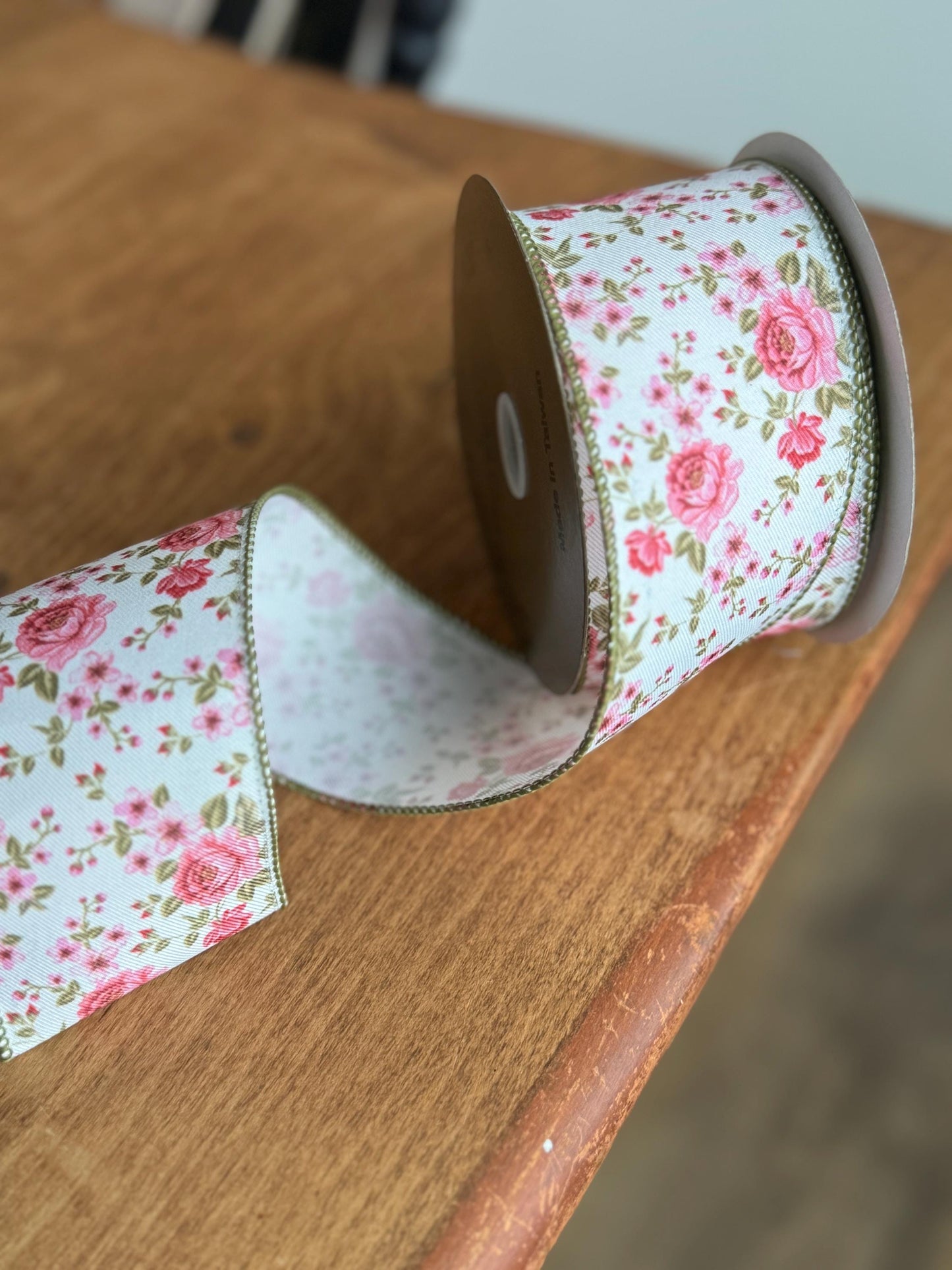 2.5 inch Ribbon, Moss Green Pink Floral Rose Ribbon, Sping Garden Floral Ribbon, Grandma Core Ribbon, Easter Ribbon