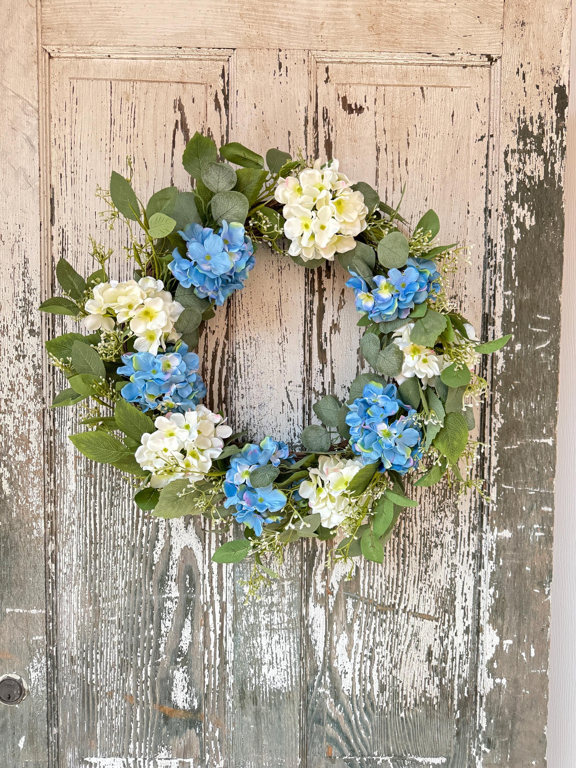 Blue and White Hydrangea Floral Wreath, Spring Floral Wreath, Wreath, Spring Decor, Farmhouse Wreath, Summer Wreath, Wedding Florals