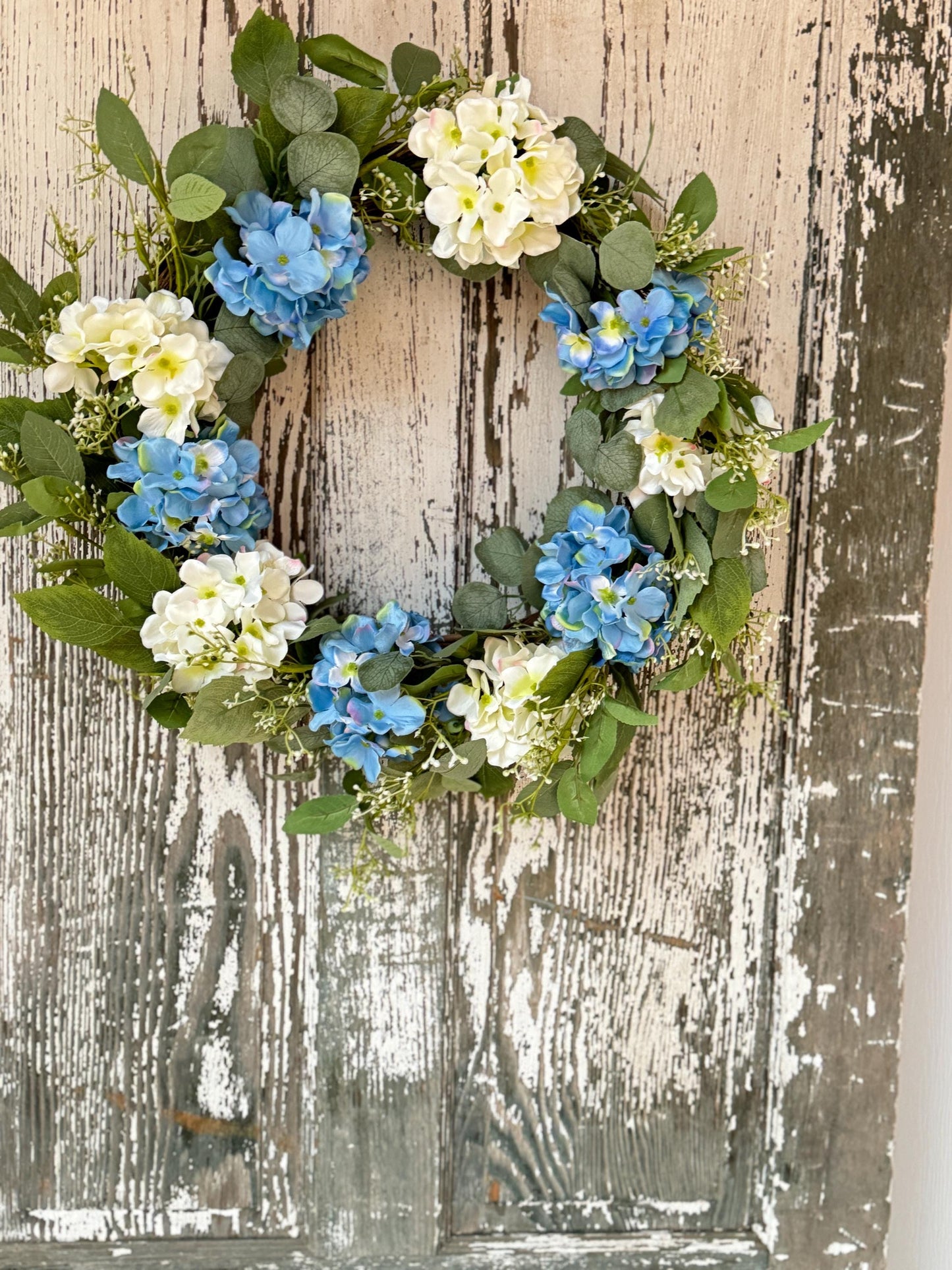 Blue and White Hydrangea Floral Wreath, Spring Floral Wreath, Wreath, Spring Decor, Farmhouse Wreath, Summer Wreath, Wedding Florals