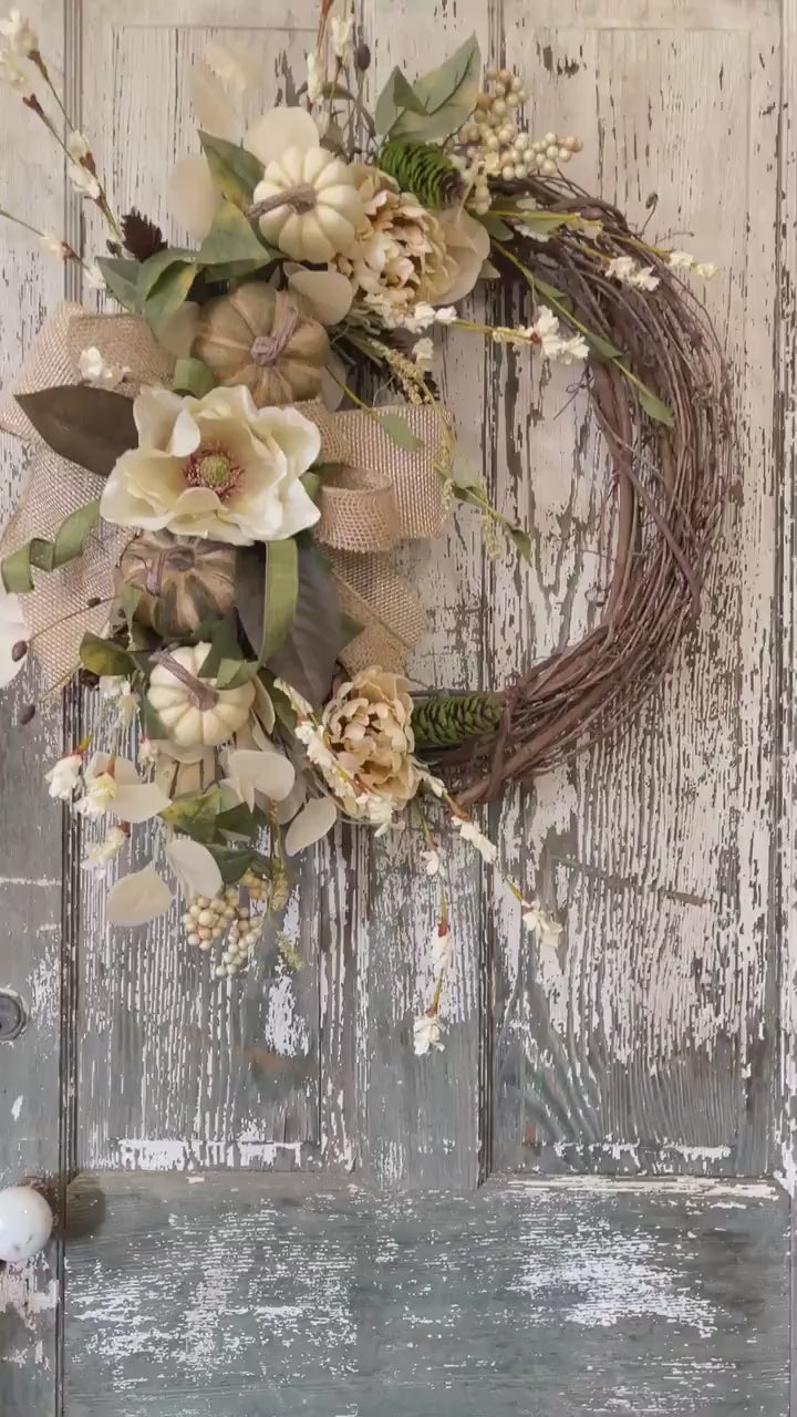 Fall Floral Wreath, Fall Grapevine Wreath, Neutral  Boho Wreath, Fall Rustic Pumpkin Wreath, Birthday Gift Wreath, Wedding Shower Decor