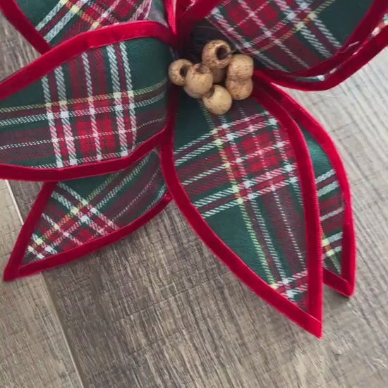 Red Green Plaid Highlands Poinsettia, Greenery, Floral Supplies, Wreath Christmas Tree Picks, Christmas Decor, Highlands Aesthetic