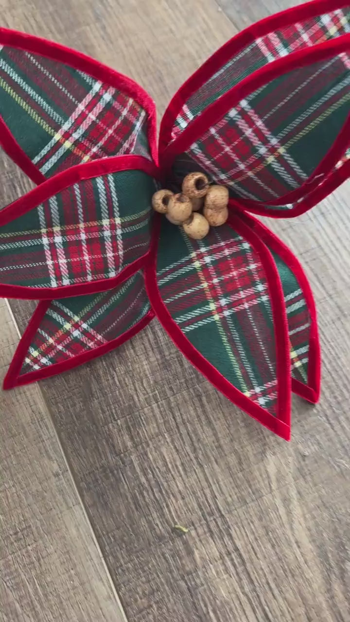 Red Green Plaid Highlands Poinsettia, Greenery, Floral Supplies, Wreath Christmas Tree Picks, Christmas Decor, Highlands Aesthetic