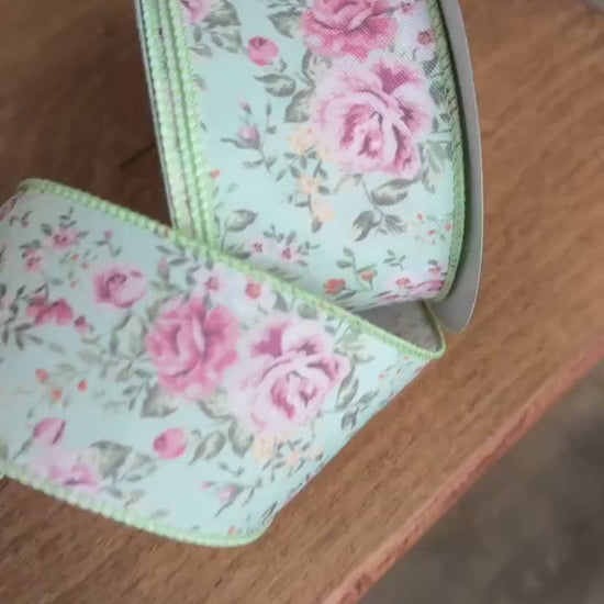 2.5 inch Ribbon, Mint Green Pink Floral Rose Ribbon,  Sping Garden Floral Ribbon, Grandma Core Ribbon, Easter Ribbon