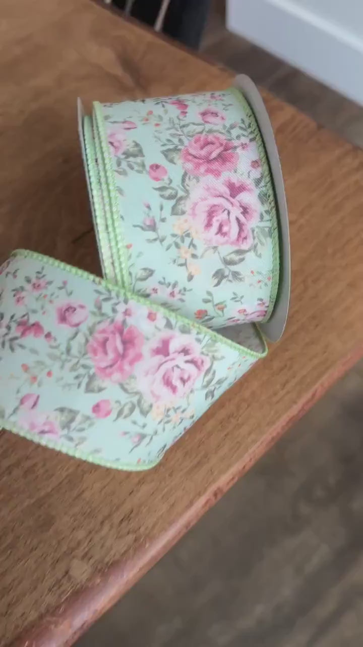 2.5 inch Ribbon, Mint Green Pink Floral Rose Ribbon,  Sping Garden Floral Ribbon, Grandma Core Ribbon, Easter Ribbon