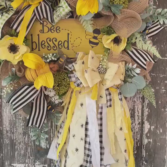 Bee Blessed Wreath, Rag Bow Wreath, Everyday Wreath, Wedding Decor, Summer Country Wreath, Rag Bow, Wreath, Bumble Bee Wreath