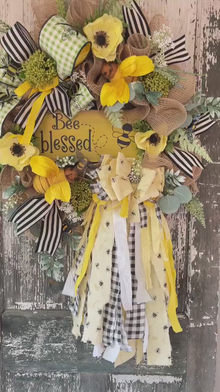 Bee Blessed Wreath, Rag Bow Wreath, Everyday Wreath, Wedding Decor, Summer Country Wreath, Rag Bow, Wreath, Bumble Bee Wreath