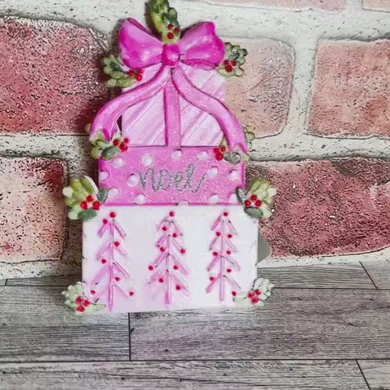 Pink Presents Stack Ornament,  Wreath Embellishment,  Christmas Tree Decor, Home Decor, wreath supplies, Tiered Tray Decor