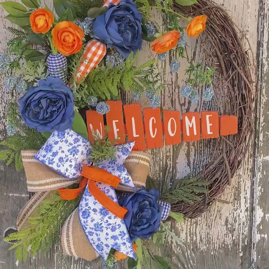 Easter Carrot Wreath,  Blue and Orange Easter Wreath, Carrots, Easter Bunny, Spring Wreath, Gingham Carrot Wreath, Spring Wreath,