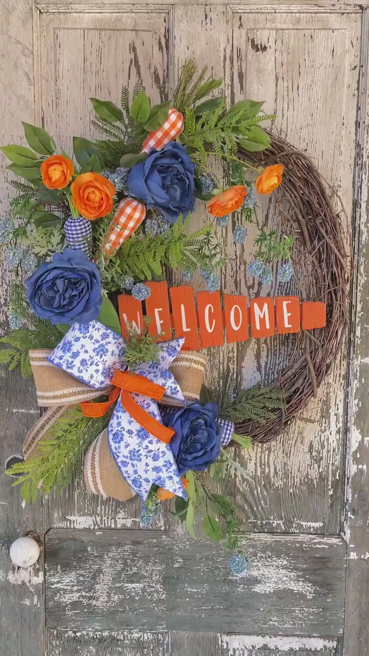 Easter Carrot Wreath,  Blue and Orange Easter Wreath, Carrots, Easter Bunny, Spring Wreath, Gingham Carrot Wreath, Spring Wreath,