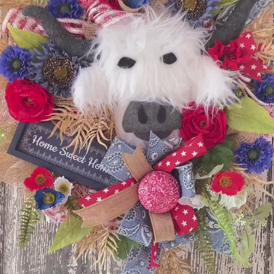 Patriotic Highland Cow Wreath, Summer Wreath, Patriotic Farm Cowboy Wreath, Red Poppy Wreath, Summer Wreath, Fourth of July Wreath