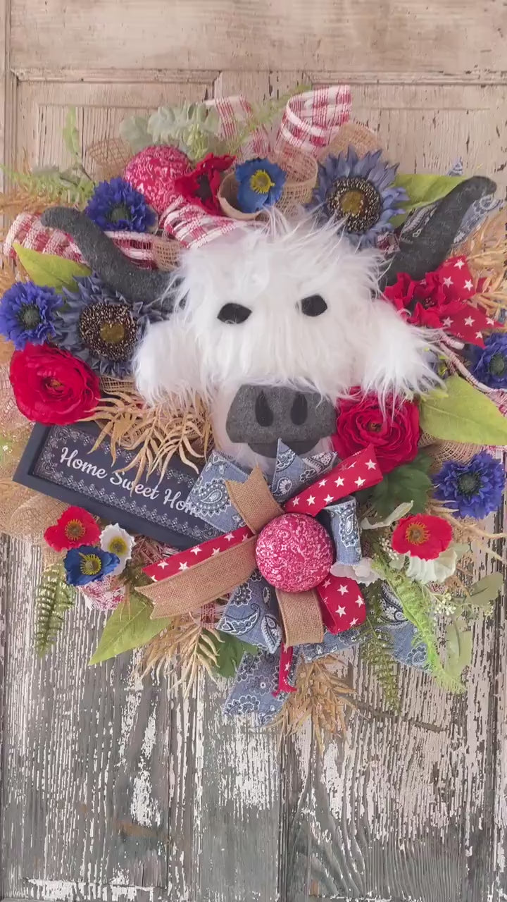 Patriotic Highland Cow Wreath, Summer Wreath, Patriotic Farm Cowboy Wreath, Red Poppy Wreath, Summer Wreath, Fourth of July Wreath
