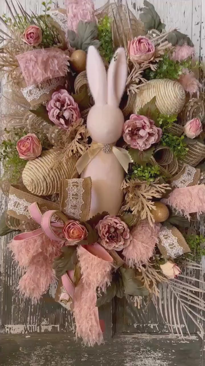 Pink Flocked Bunny Boho Wreath, Easter Eggs, Easter Bunny, Boho Wreath, Glam Decor, Bunny, Rabbit, Wreath, Spring Bunny Rabbit
