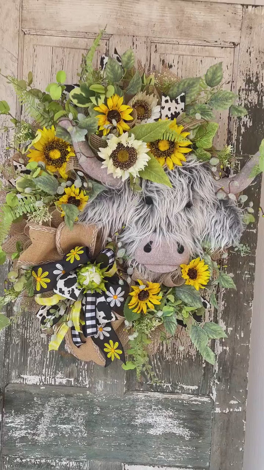 Highland Cow Wreath, Longhorn, Cow Decor, Country, Texas, Everyday Wreath, Farm Decor, Western Decor