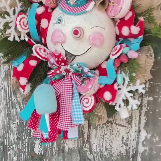 Retro Snowman Wreath, Vintage Snowman Wreath, Christmas Wreath, Winter, Decor, Teal and Red Christmas, North Pole