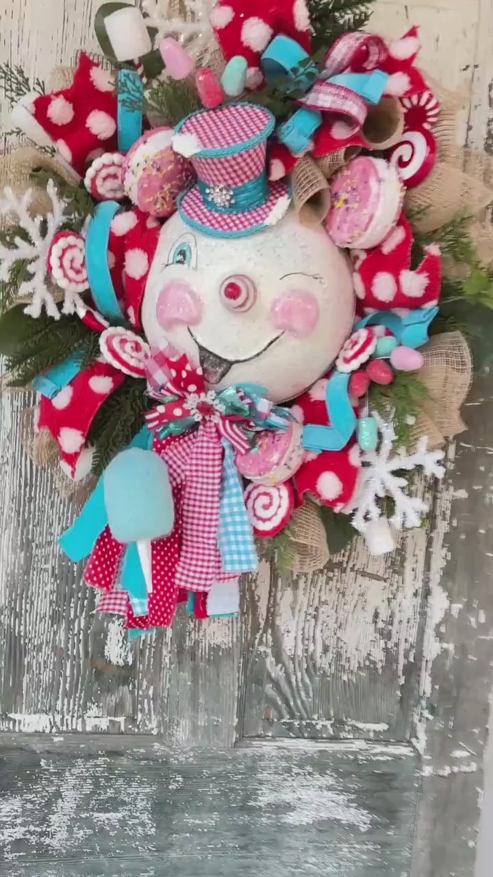 Retro Snowman Wreath, Vintage Snowman Wreath, Christmas Wreath, Winter, Decor, Teal and Red Christmas, North Pole