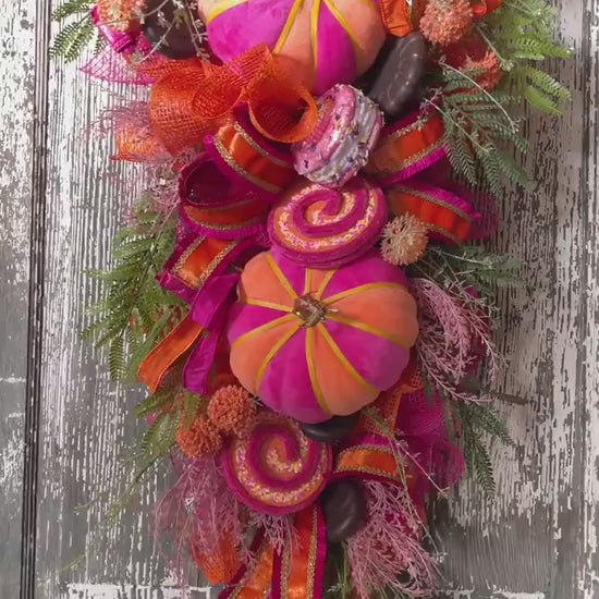 Pink and Orange Pumpkin Wreath, Fall Wreath, Halloween Wreath, Harvest, Fall Decor, Fall Door Swag, Hot Pink Halloween Wreath