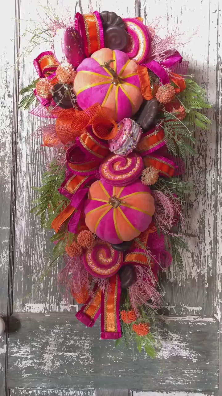 Pink and Orange Pumpkin Wreath, Fall Wreath, Halloween Wreath, Harvest, Fall Decor, Fall Door Swag, Hot Pink Halloween Wreath