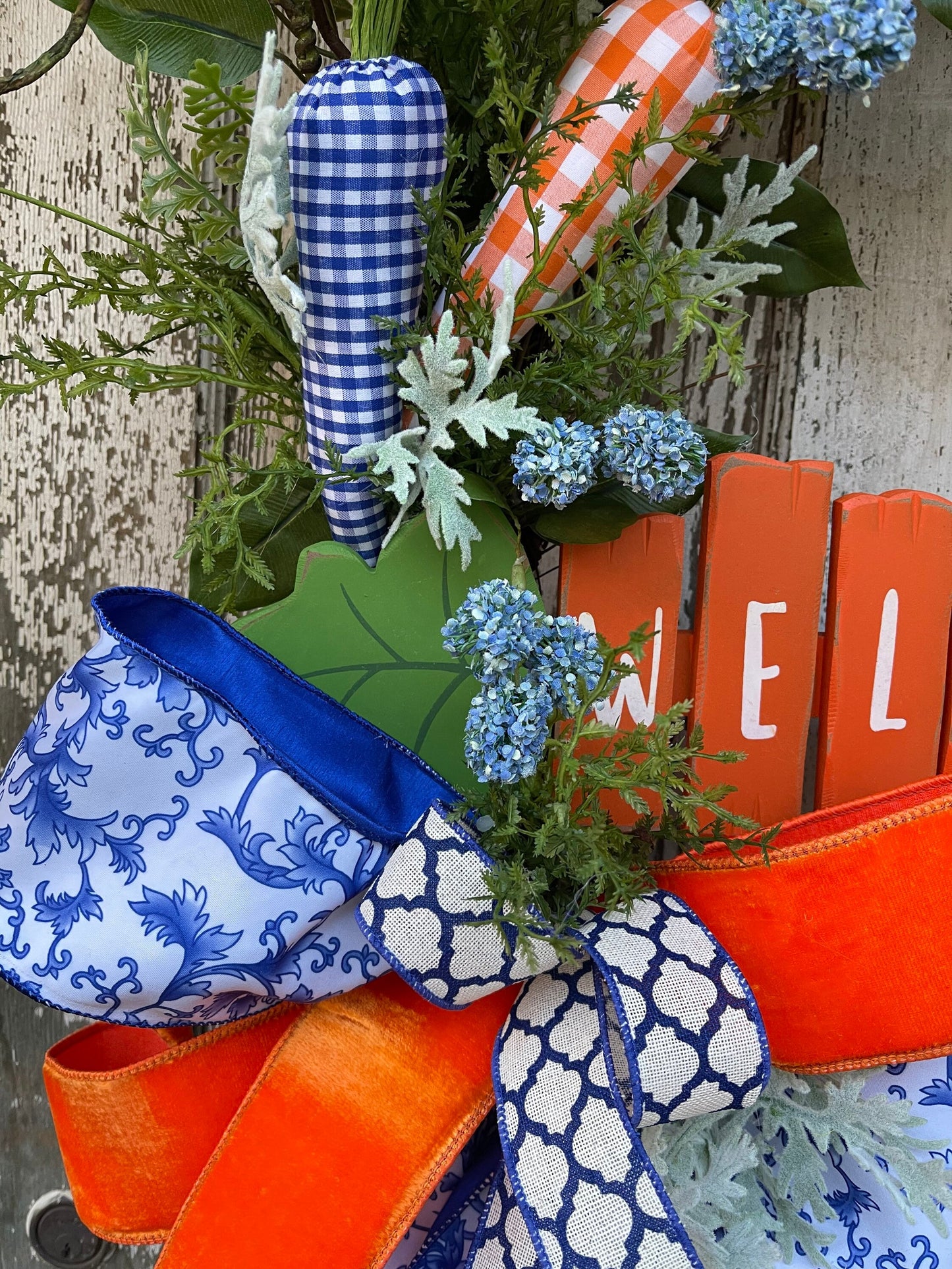 Bunny Carrot Wreath, Blue and Orange Easter Wreath, Carrots, Easter Bunny, Spring Wreath, Gingham Carrot Wreath, Rabbit, Wreath, Front Door