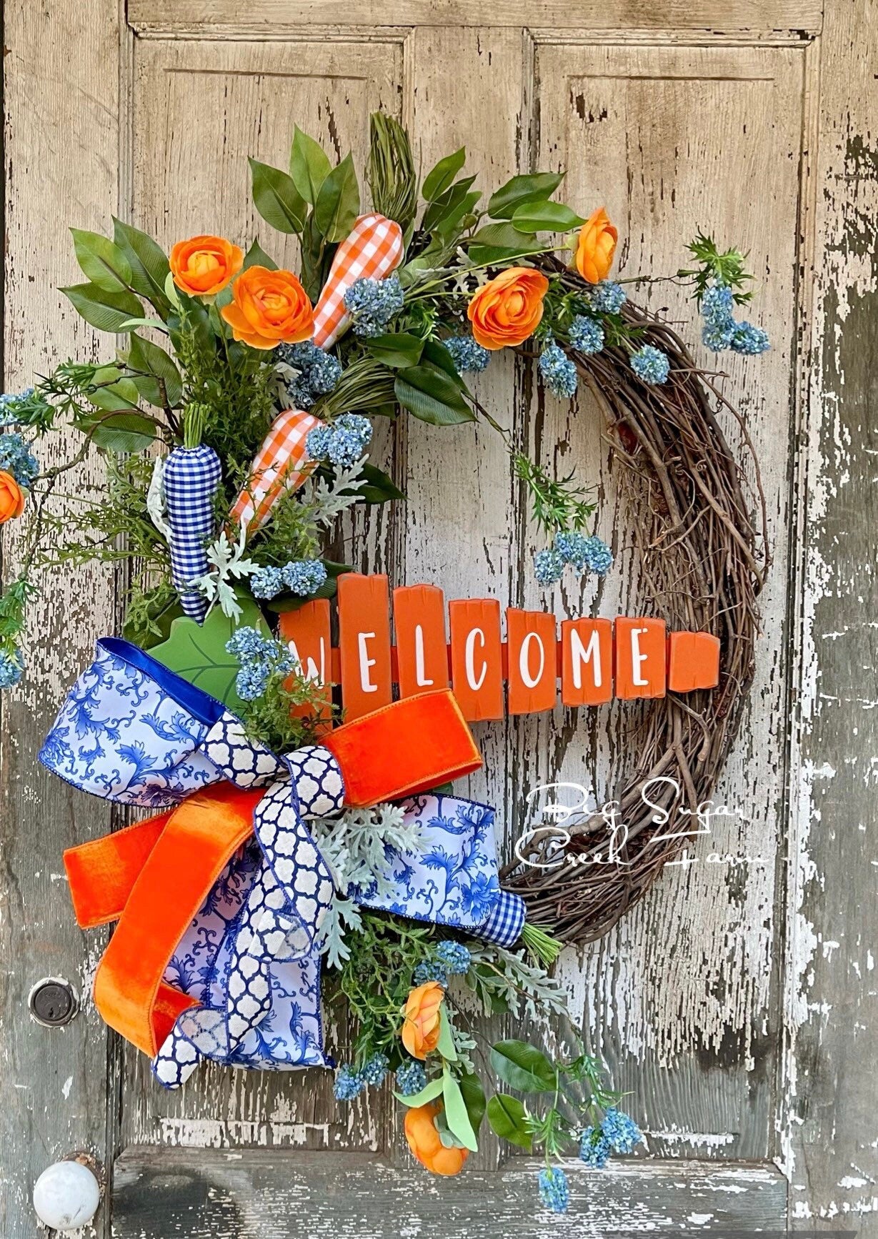 Bunny Carrot Wreath, Blue and Orange Easter Wreath, Carrots, Easter Bunny, Spring Wreath, Gingham Carrot Wreath, Rabbit, Wreath, Front Door