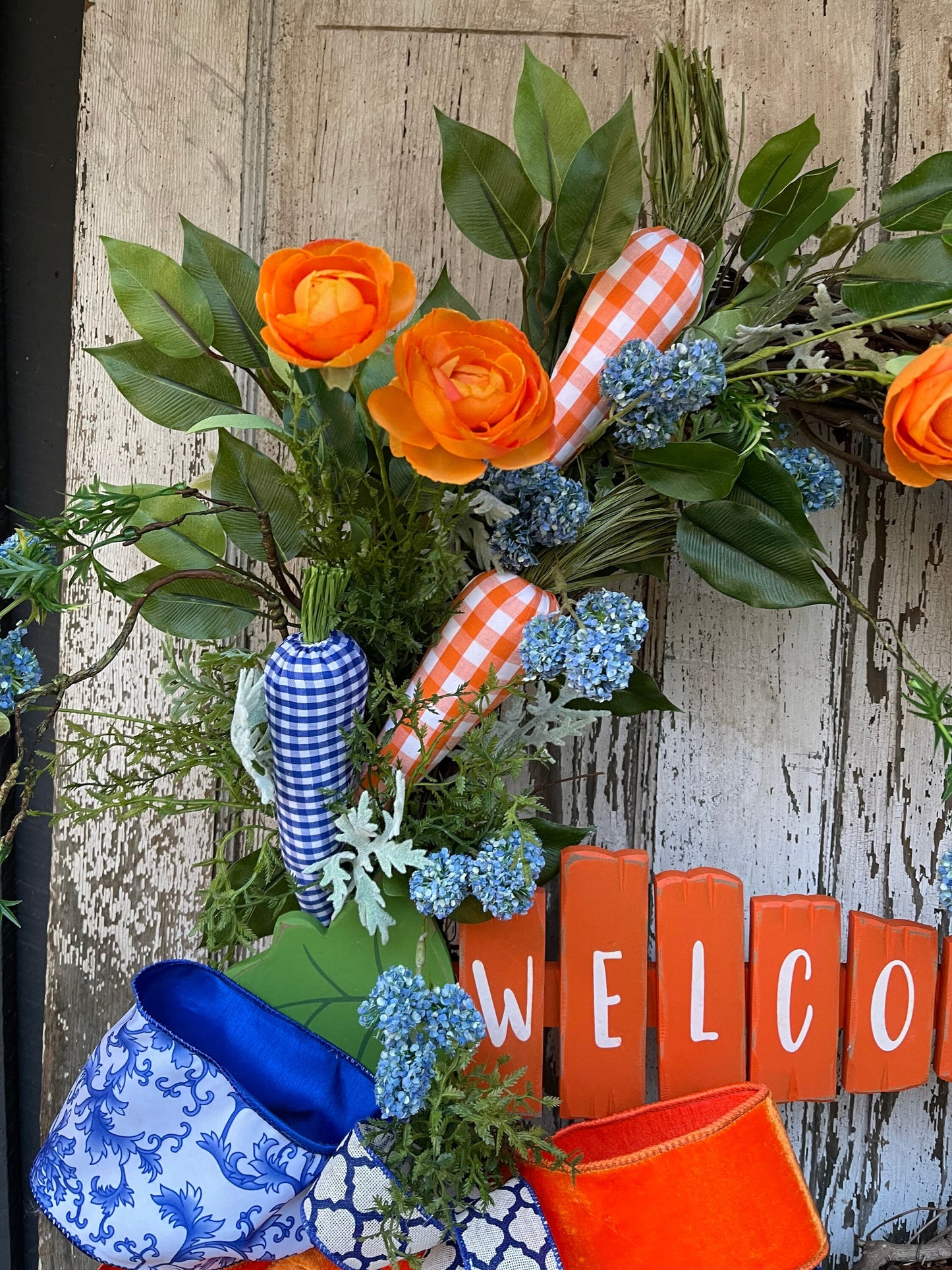 Bunny Carrot Wreath, Blue and Orange Easter Wreath, Carrots, Easter Bunny, Spring Wreath, Gingham Carrot Wreath, Rabbit, Wreath, Front Door