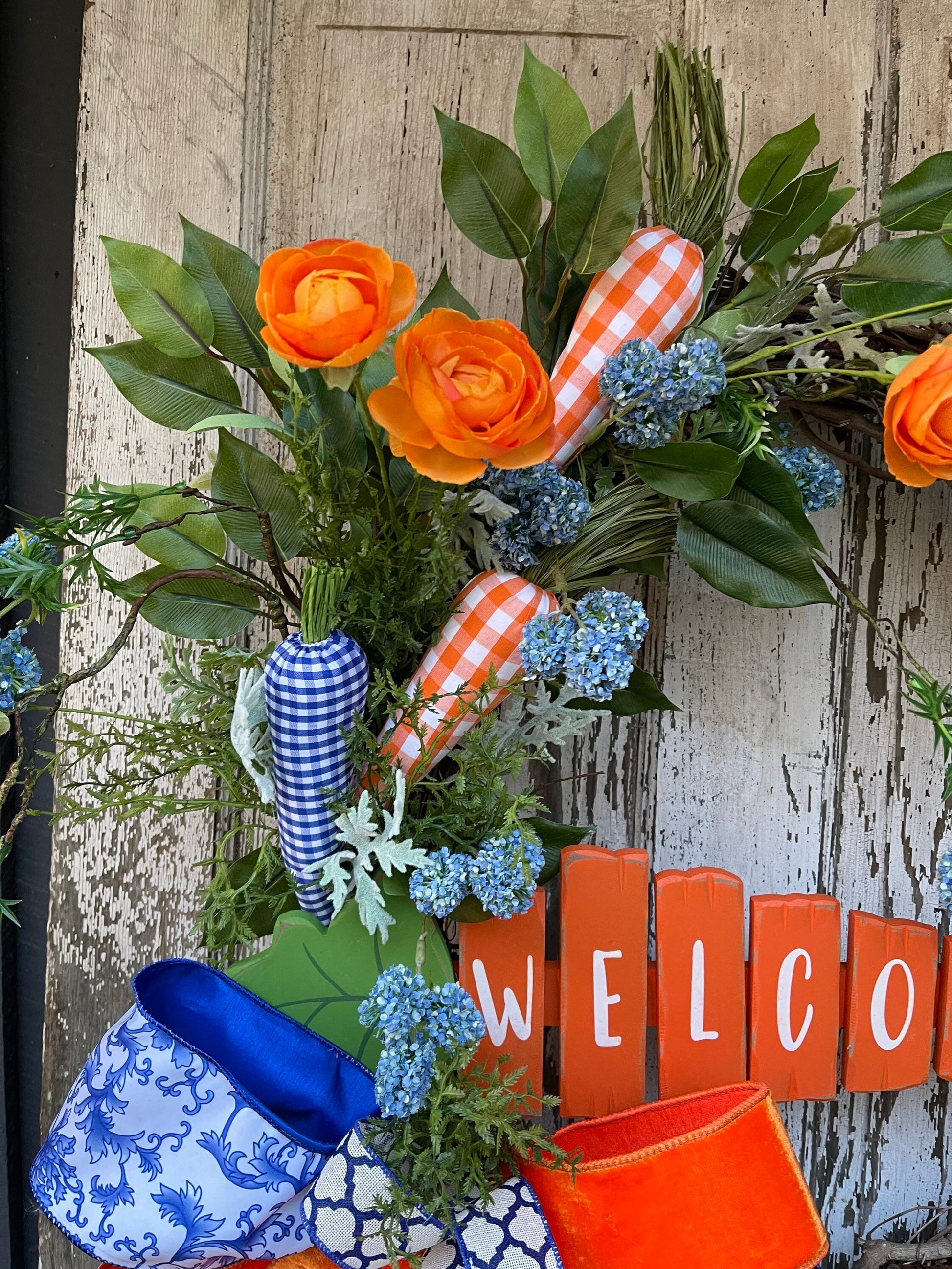 Bunny Carrot Wreath, Blue and Orange Easter Wreath, Carrots, Easter Bunny, Spring Wreath, Gingham Carrot Wreath, Rabbit, Wreath, Front Door