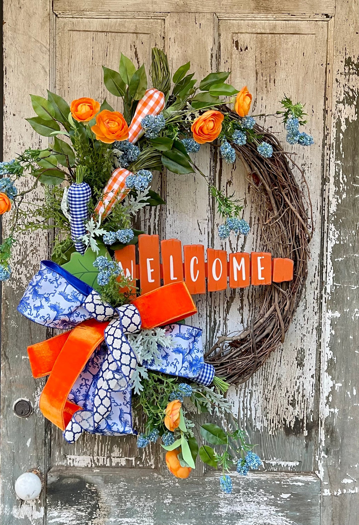 Bunny Carrot Wreath, Blue and Orange Easter Wreath, Carrots, Easter Bunny, Spring Wreath, Gingham Carrot Wreath, Rabbit, Wreath, Front Door