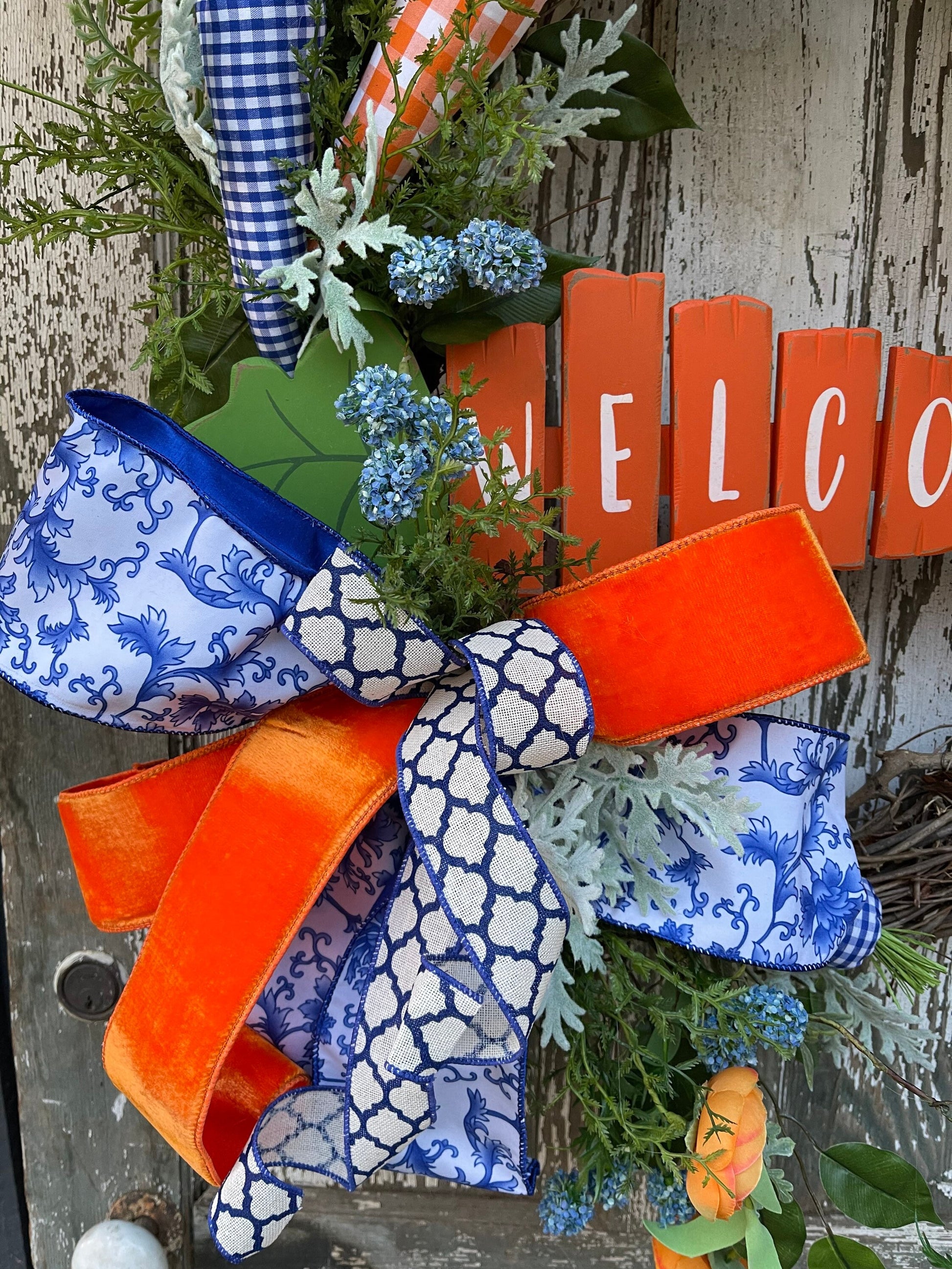 Bunny Carrot Wreath, Blue and Orange Easter Wreath, Carrots, Easter Bunny, Spring Wreath, Gingham Carrot Wreath, Rabbit, Wreath, Front Door