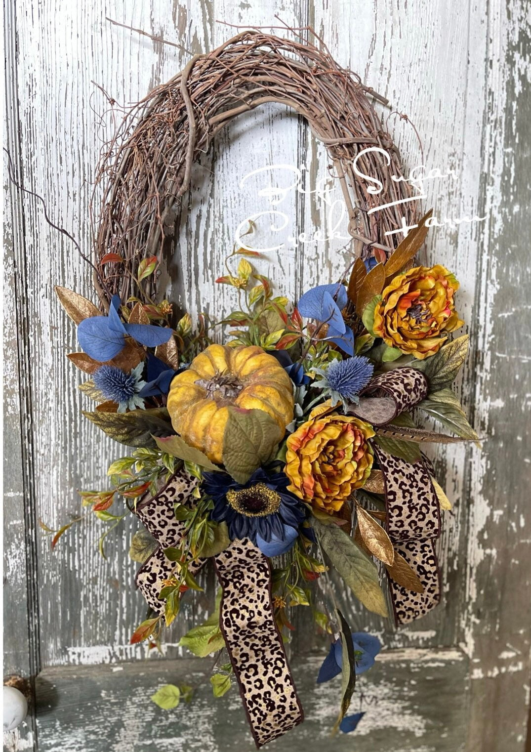 Fall Floral Wreath, Fall Grapevine Wreath, Blue FallWreath, , Leopard Rustic Pumpkin Wreath, Birthday Gift Wreath, Wedding Shower Decor