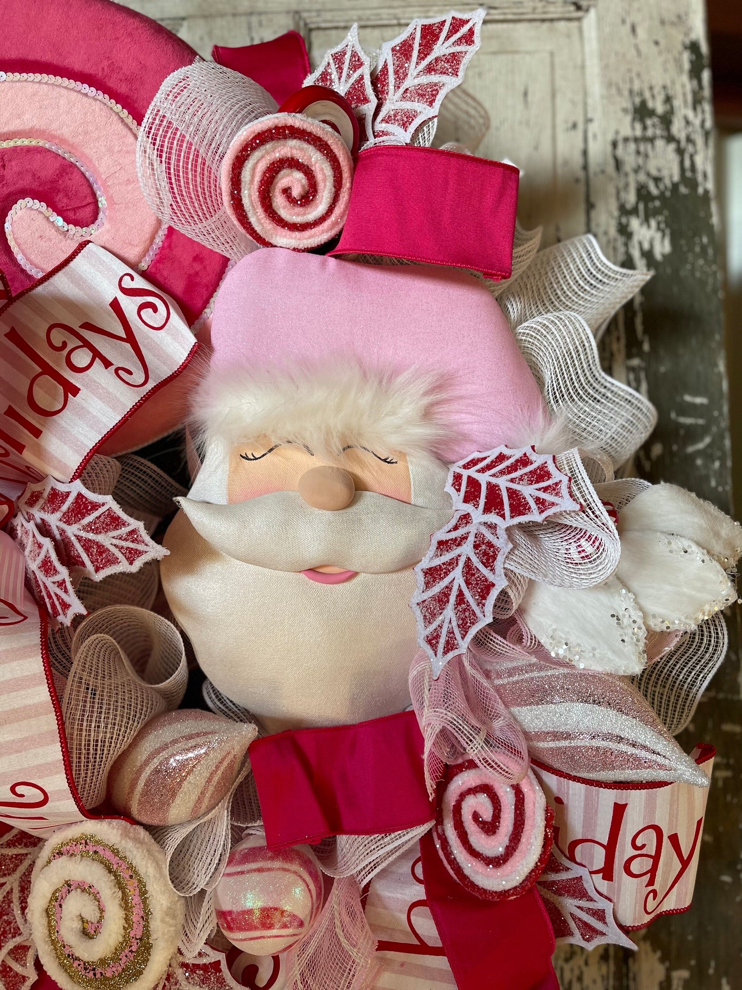 Pink Santa Wreath, Pink Christmas Wreath, Candy Wreath, Christmas Decor, Lollipop Decor, Happy Holidays Wreath, Winky Santa Wreath