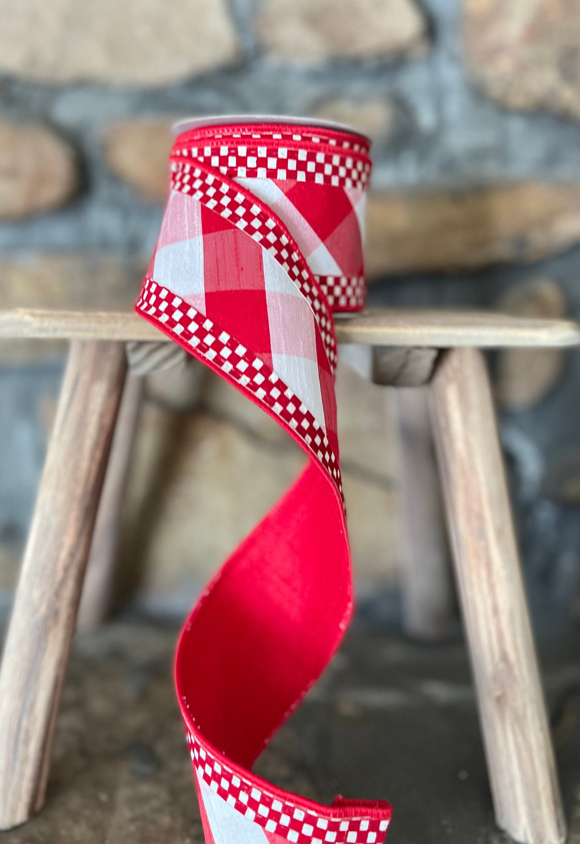 Red and White Check Plaid Ribbon, 2.5 inch Ribbon, Luxury Ribbon, Christmas Ribbon, Peppermint Ribbon