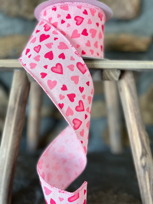 Pink Hearts Ribbon, 10 YARDS, Wired Ribbon, Holiday, Ribbon, Decor, Valentine Ribbon, Heart Ribbon