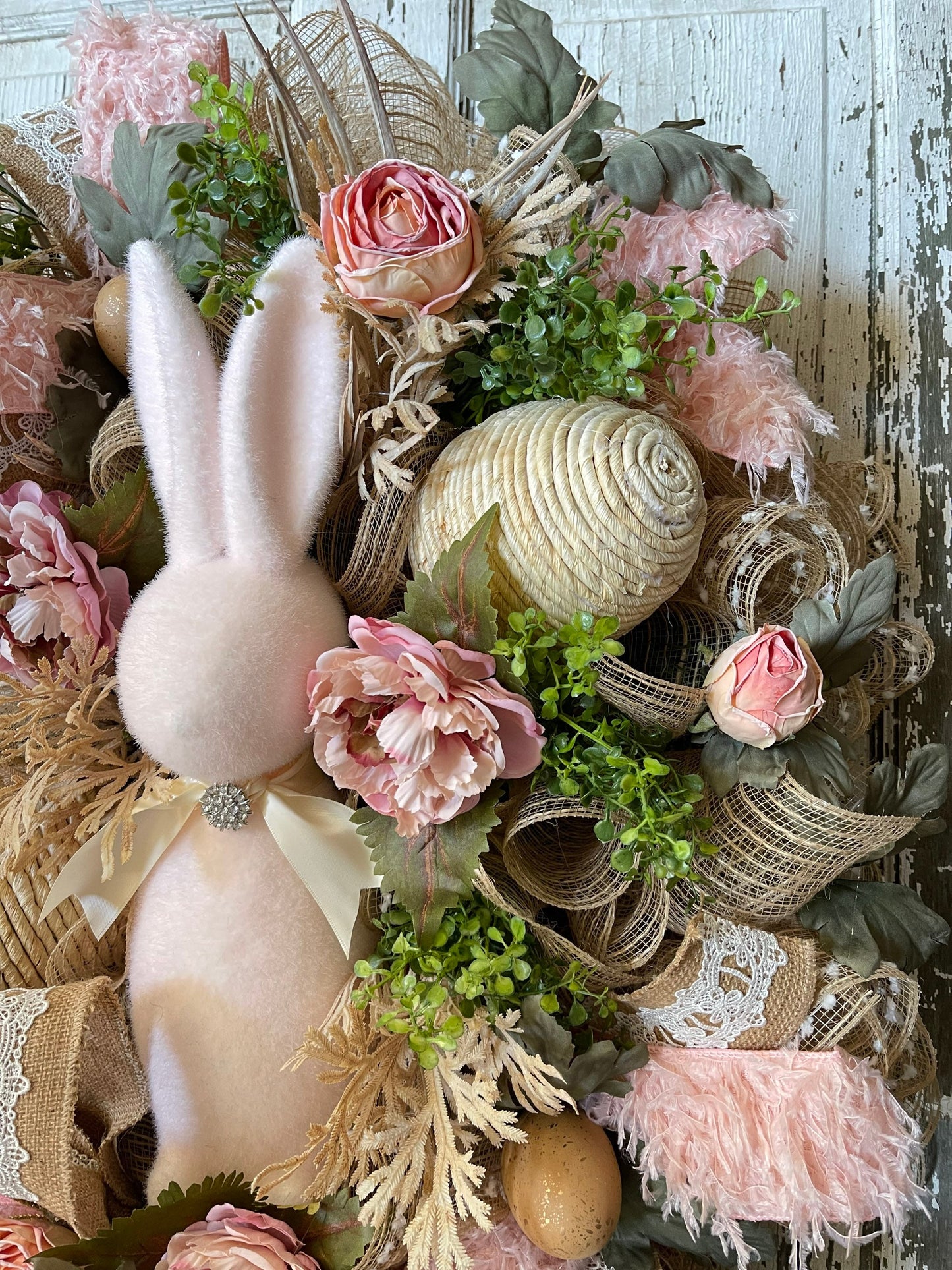 Pink Flocked Bunny Boho Wreath, Easter Eggs, Easter Bunny, Boho Wreath, Glam Decor, Bunny, Rabbit, Wreath, Spring Bunny Rabbit