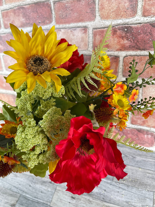 Red Poppy and Sunflower Bunch, Floral Spray, Greenery, Floral Supplies, Wreath Greenery, Floral Greenery, Picks,